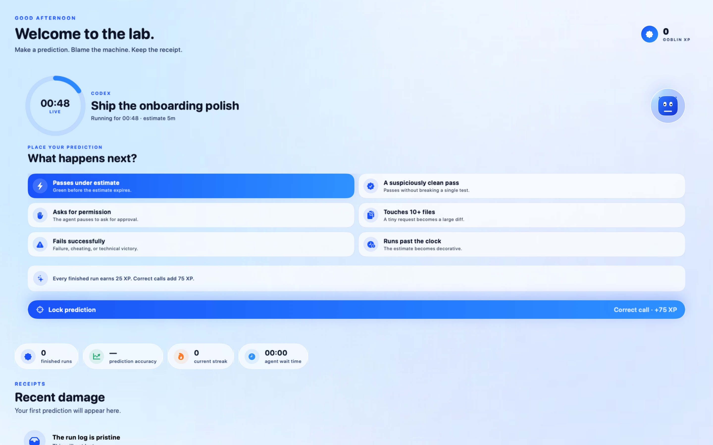Token Goblin showing an AI build prediction and fixed XP rules on macOS