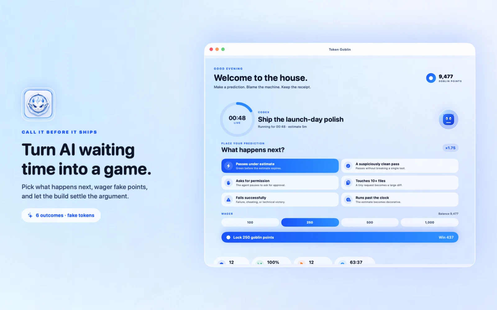 Token Goblin showing an AI build prediction and fake-token wager on macOS