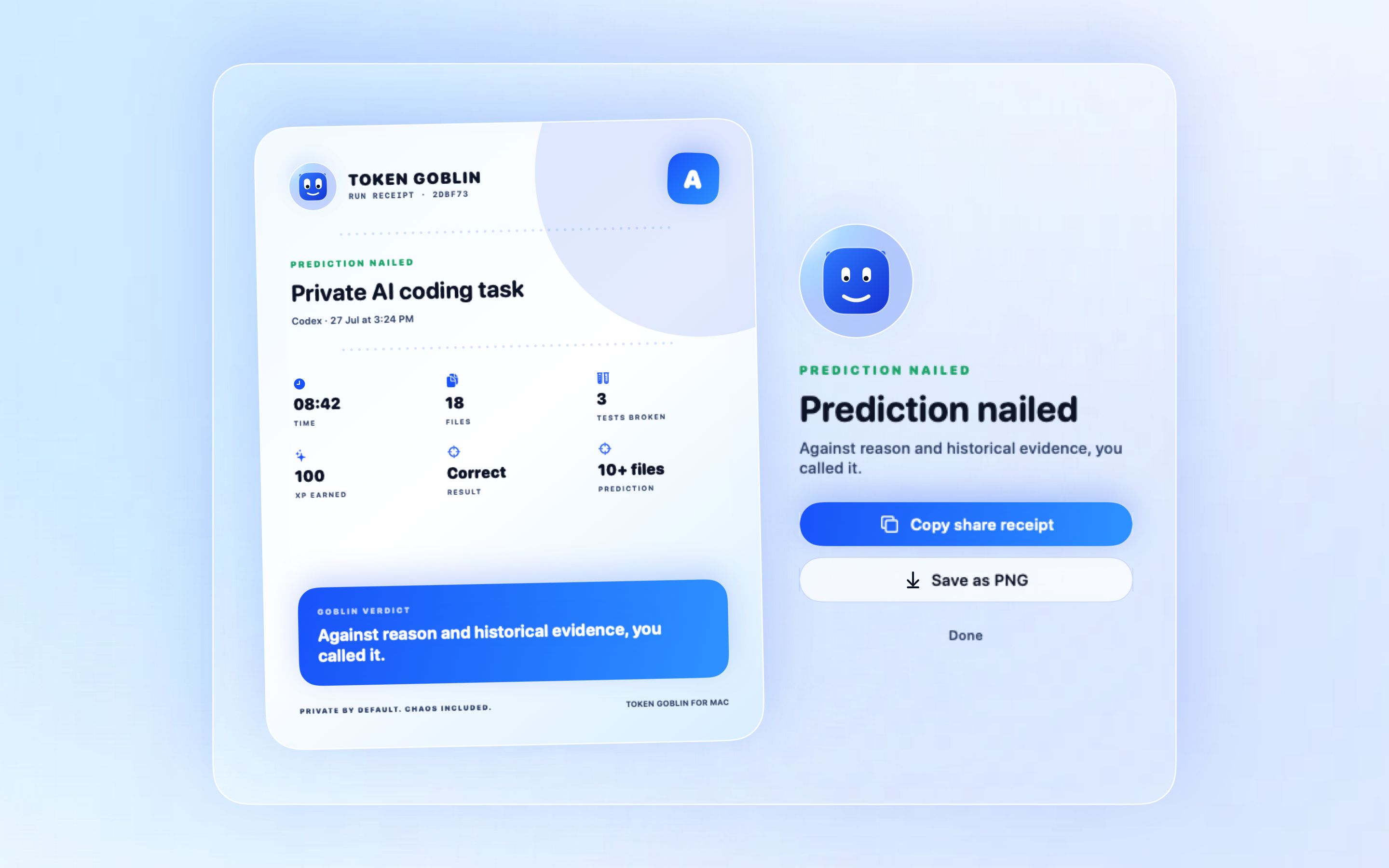 Token Goblin result receipt after a completed AI coding task