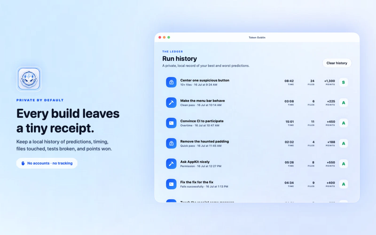 Private local Token Goblin run history on macOS